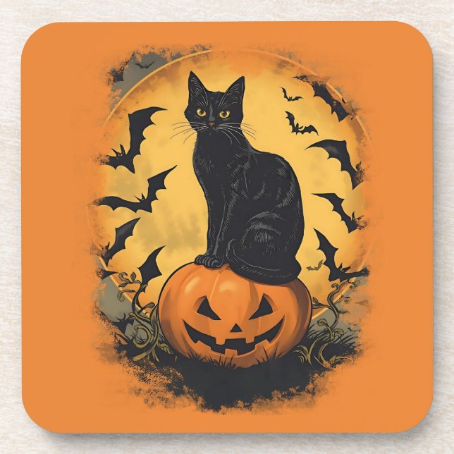 Black cat on Halloween pumpkin Coaster (Front)