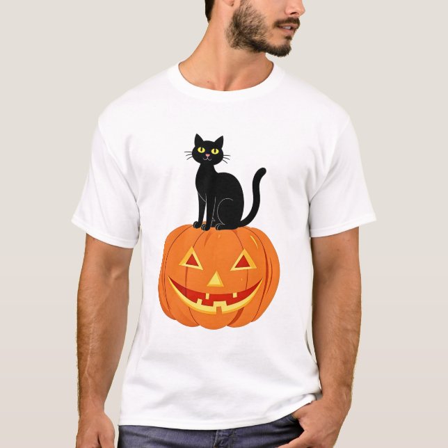 Black Cat on Jack-O'-Lantern T-Shirt (Front)