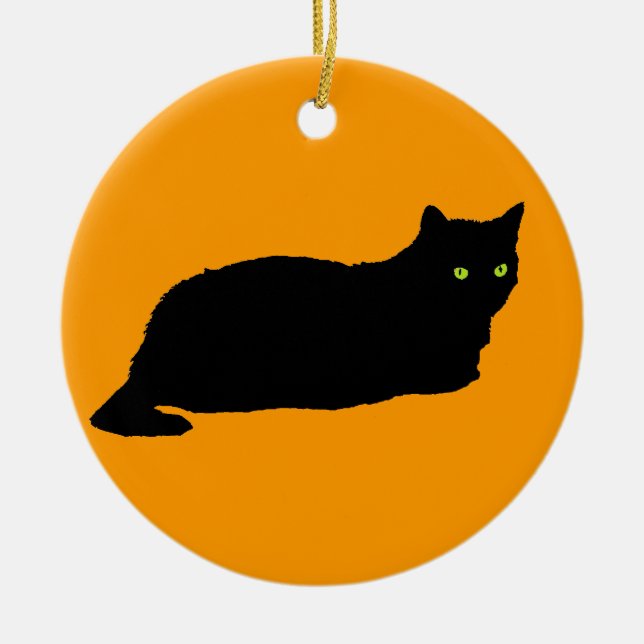 Black Cat on Orange Ceramic Tree Decoration (Front)