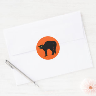 Black Cat on Orange Classic Round Sticker