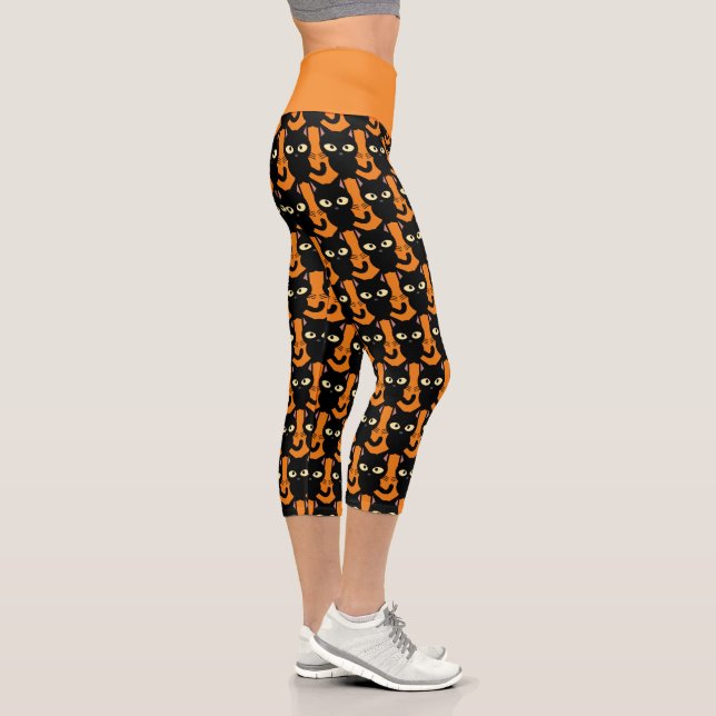 Black Cat on Orange Halloween Style Yoga Capri Leggings (Right)