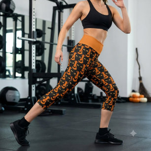 Black Cat on Orange Halloween Style Yoga Capri Leggings