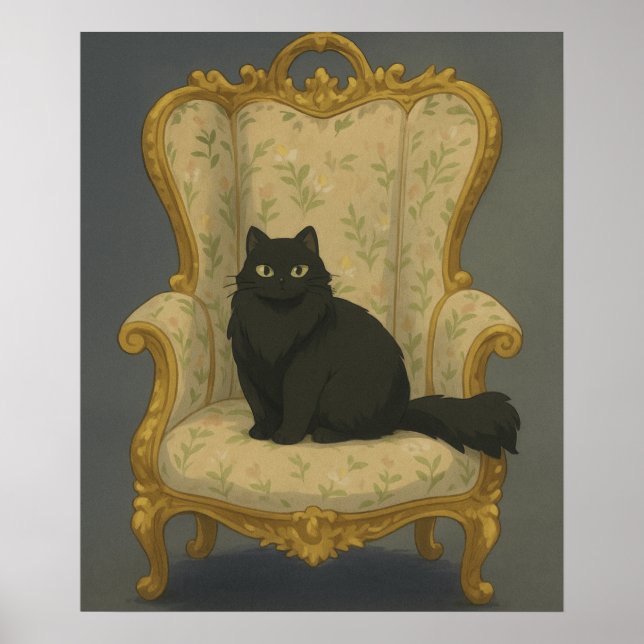 Black Cat on Ornate Chair – Elegant Gothic Pet Por Poster (Front)