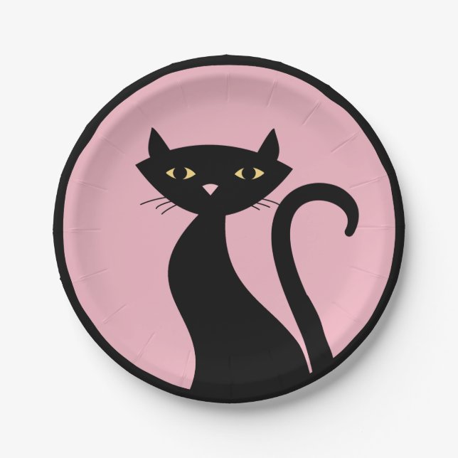 Black Cat on Pink Paper Plate (Front)