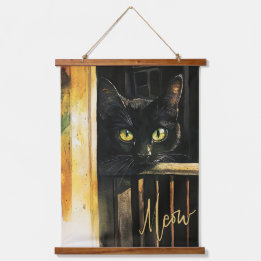 Black Cat on Porch Wood Topped Tapestry Wall Art