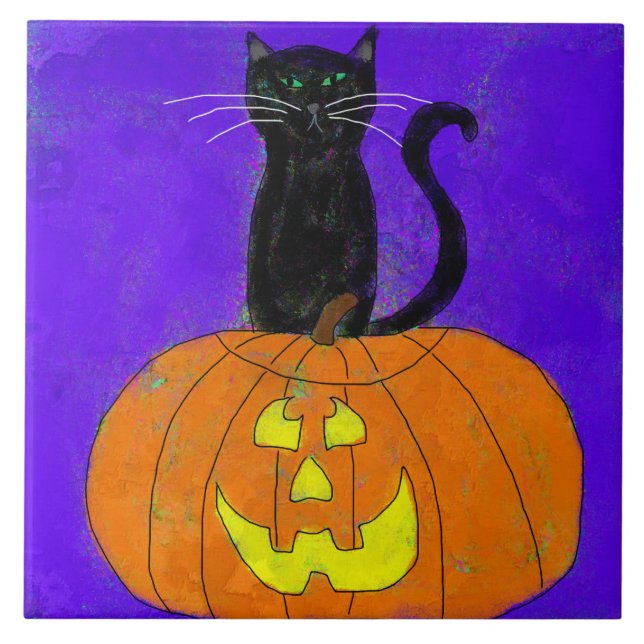 Black Cat on Pumpkin Abstract Halloween Art Ceramic Tile (Front)