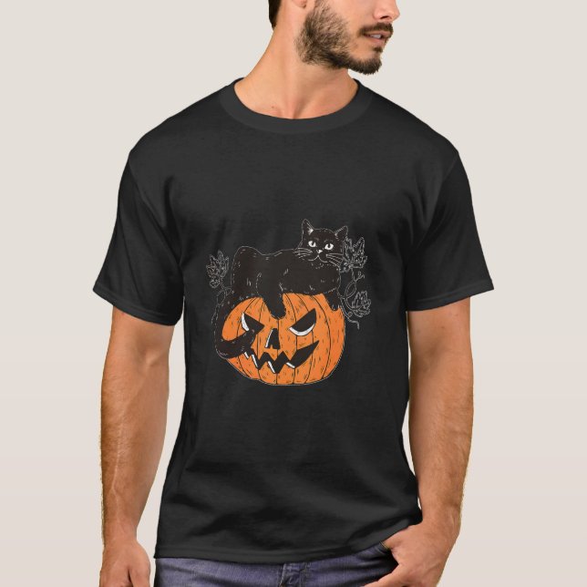 Black Cat On Pumpkin For Cat Halloween T-Shirt (Front)