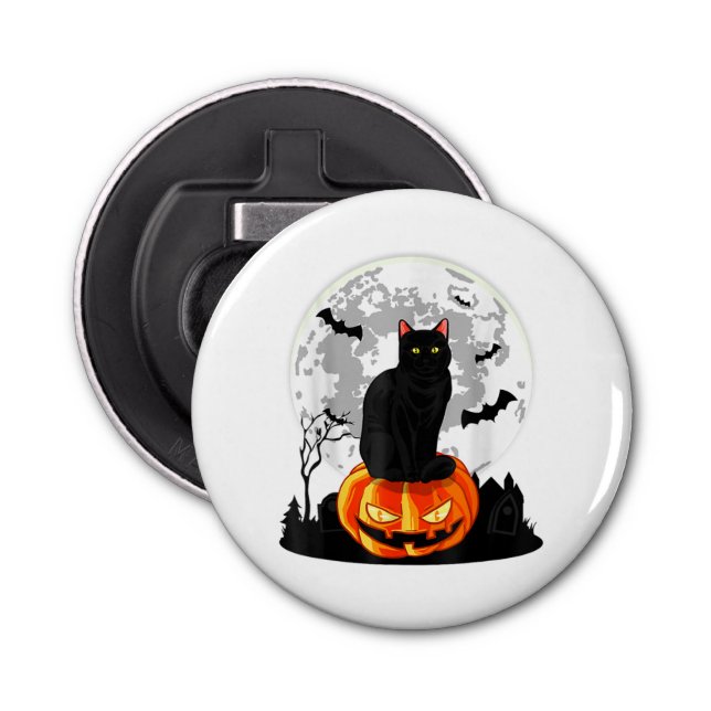 Black Cat On Pumpkin Full Moon Halloween Costume Bottle Opener (Front)