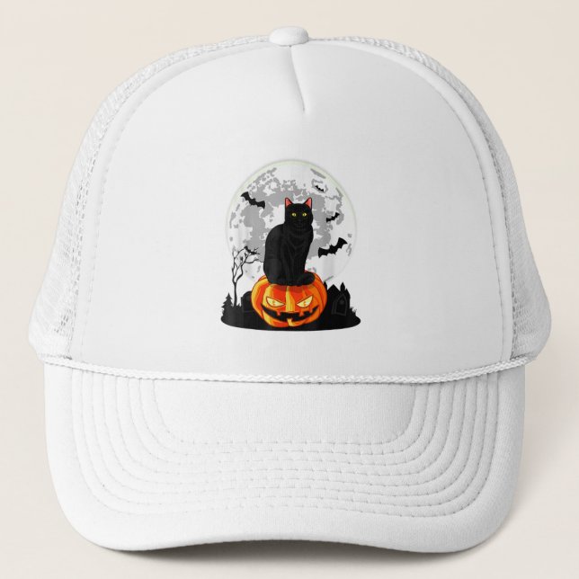 Black Cat On Pumpkin Full Moon Halloween Costume Trucker Hat (Front)