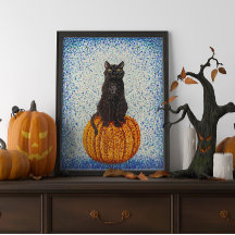 Black Cat on Pumpkin Halloween Poster