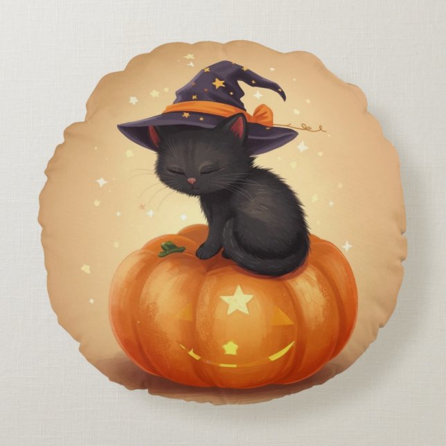 Black Cat on Pumpkin Halloween Round Pillow (Front)