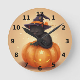 Black Cat on Pumpkin Halloween Wall Clock