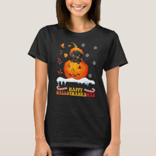 Black Cat On Pumpkin Happy Hallothanksmas T-Shirt