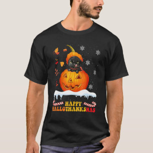 Black Cat On Pumpkin Happy Hallothanksmas T-Shirt