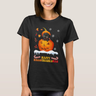 Black Cat On Pumpkin Happy Hallothanksmas T-Shirt