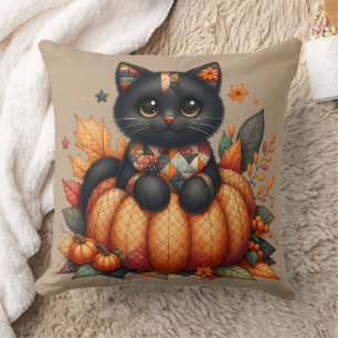 Black Cat on Pumpkin with Autumn Quilt Pattern Cushion