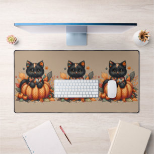Black Cat on Pumpkin with Autumn Quilt Pattern Desk Mat