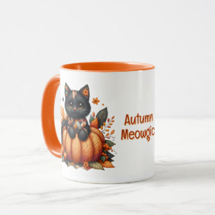 Black Cat on Pumpkin with Autumn Quilt Pattern Mug
