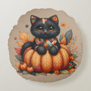 Black Cat on Pumpkin with Autumn Quilt Pattern Round Cushion