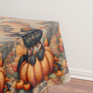 Black Cat on Pumpkin with Autumn Quilt Pattern Tablecloth