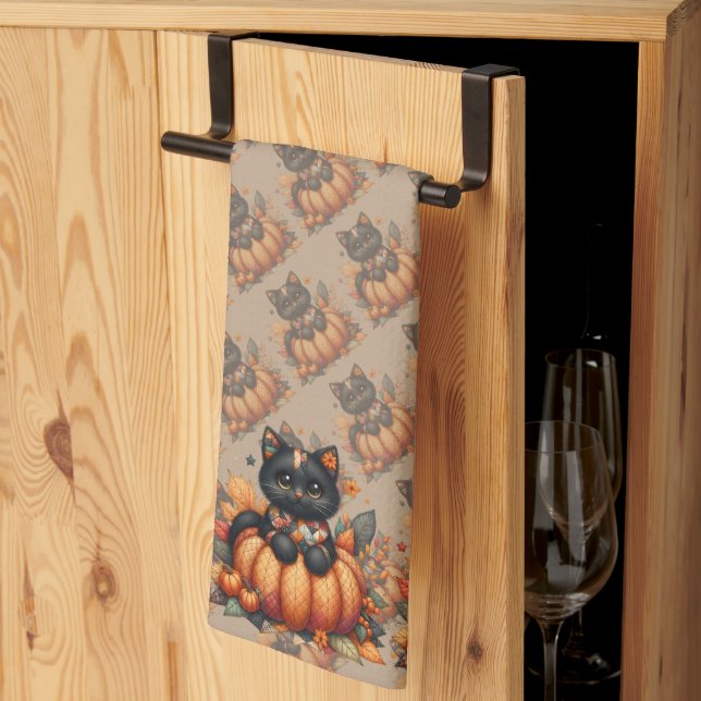 Black Cat on Pumpkin with Autumn Quilt Pattern Tea Towel (Thirds Fold)