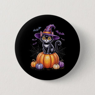 Black Cat On Pumpkin With Witch Hat Halloween 6 Cm Round Badge