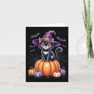 Black Cat On Pumpkin With Witch Hat Halloween Card