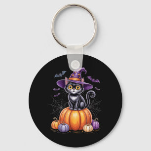Black Cat On Pumpkin With Witch Hat Halloween Key Ring
