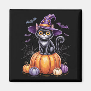 Black Cat On Pumpkin With Witch Hat Halloween Magnet