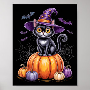 Black Cat On Pumpkin With Witch Hat Halloween Poster
