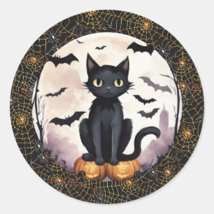 Black Cat on Pumpkins and Bats Halloween Sticker