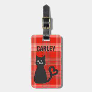 Black Cat on Red Plaid Personalised Luggage Tag