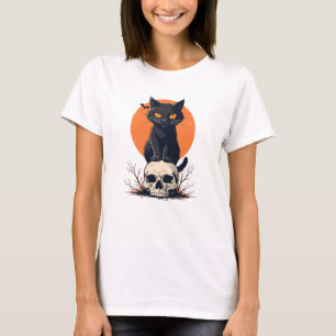 Black Cat on Skull Halloween T-Shirt
