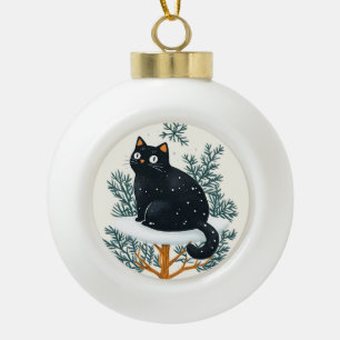 Black cat on the Christmas tree Ceramic Ball Christmas Ornament