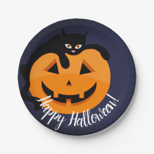 Black Cat on the Moon Halloween Paper Plate