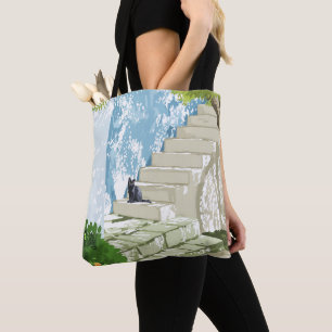 Black cat on the steps Poster Tote Bag