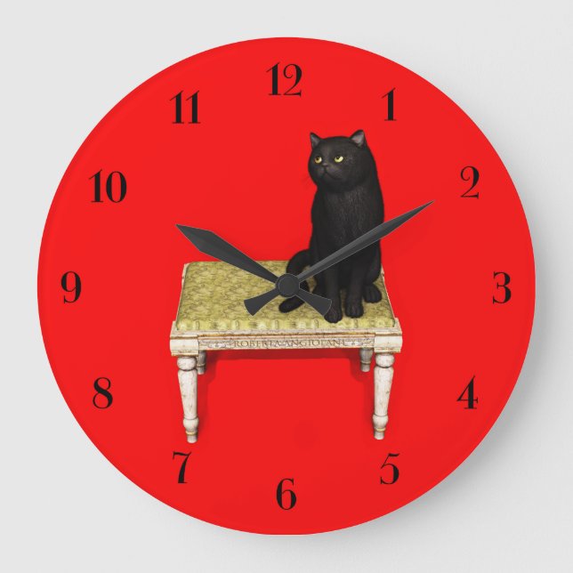 Black cat on the stool round clock (Front)