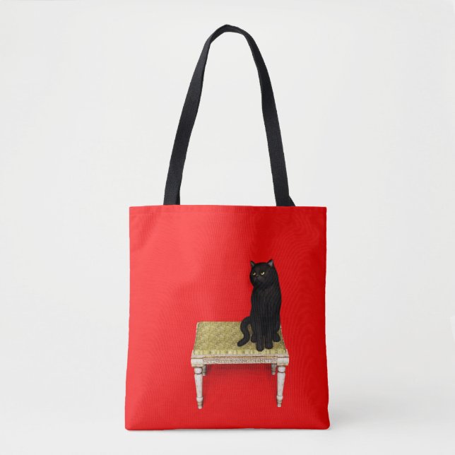 Black cat on the stool tote bag (Front)