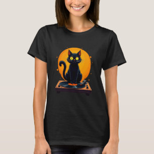 Black Cat On Turntable Retro Halloween T-Shirt