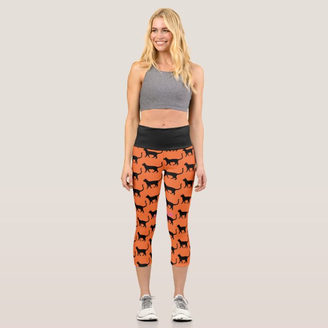 Black Cat Orange Crazy Cat Woman Capri Leggings (Front)
