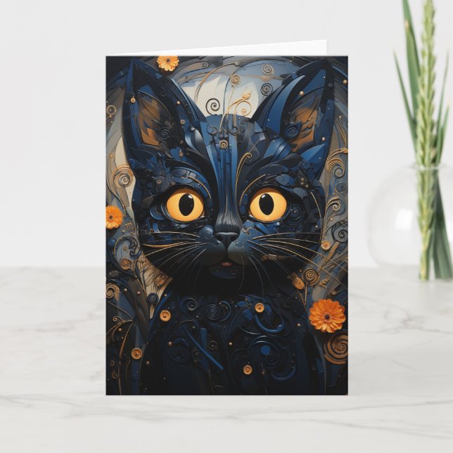 Black Cat Orange Flowers All Occasions  Card (Front)
