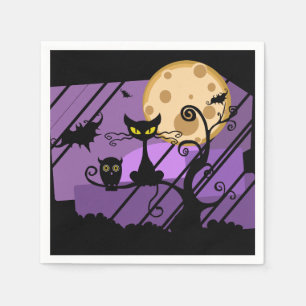Black Cat, Owl, and Bats Halloween Paper Napkins