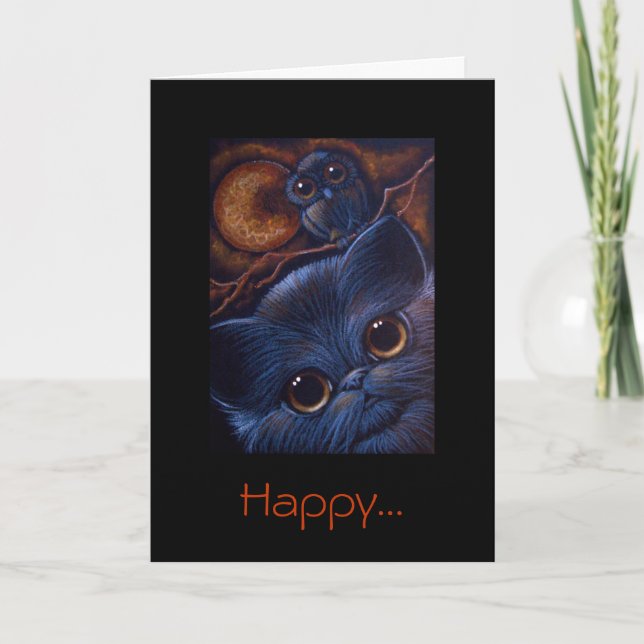 BLACK CAT & OWL HALLOWEEN NIGHT, Happy... Card (Front)