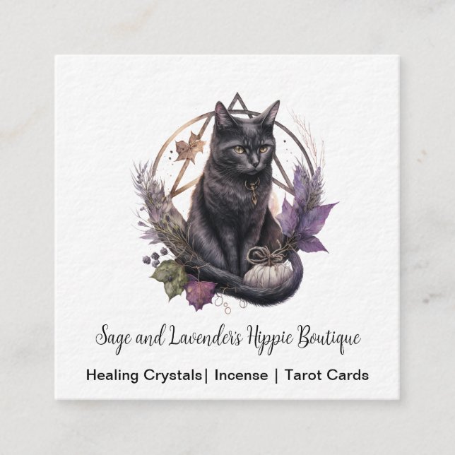 Black Cat Pagan Square Business Card (Front)