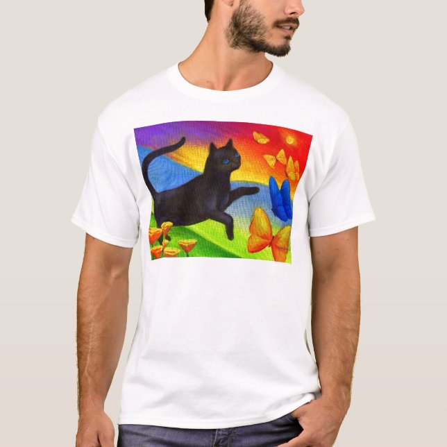 Black Cat Painting Butterflies Art - Multi T-Shirt (Front)