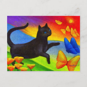 Black Cat Painting On Postcards Feline Butterflies