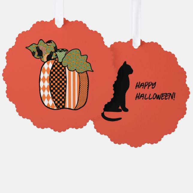 Black Cat Patchwork Pumpkin Happy Halloween Cute Tree Decoration Card (Front/Back)