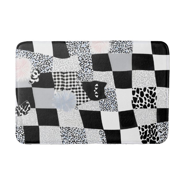Black Cat Pattern Gingham Mixed Checkered Cheetah  Bath Mat (Front)