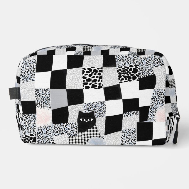 Black Cat Pattern Gingham Mixed Checkered Cheetah  Dopp Kit (Front)