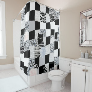 Black Cat Pattern Gingham Mixed Checkered Cheetah  Shower Curtain